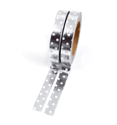 Kit com 2 washi tapes – Poá prata e branco