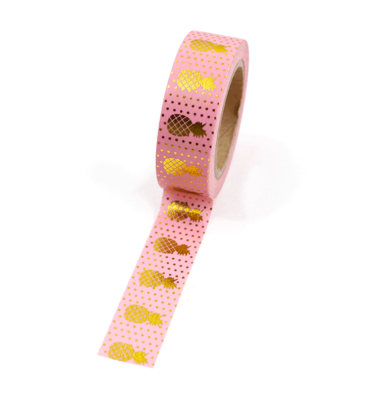 Washi tape – Rosa com abacaxi e bolinhas douradas