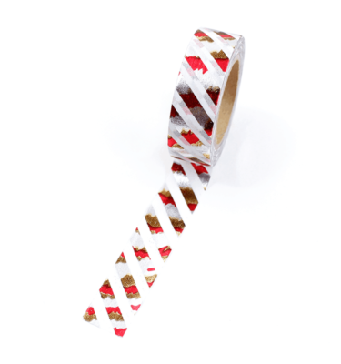 Washi tape – Listras diagonais branca e metalizado dourado, prata e vermelho