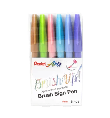 Kit 6 Canetas Brush - Sign Pen Pentel - Cores Pastel