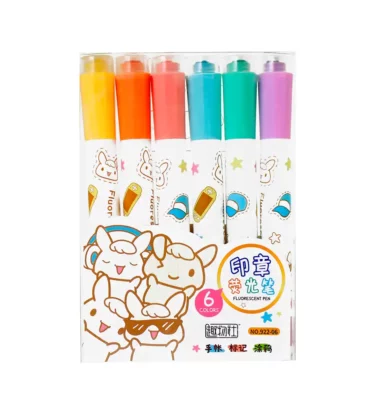 Kit 6 Canetas Dual - Fluorescent Pen - Marca Texto e Carimbo