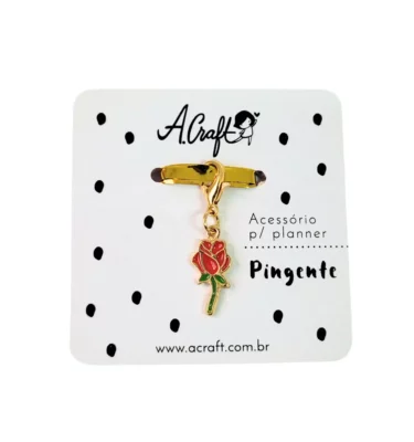 Acessório para planner A.Craft – Pingente dourado com fecho – Rosa vermelha