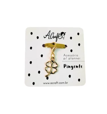 Acessório para planner A.Craft – Pingente dourado com fecho – Trevo de 4 folhas