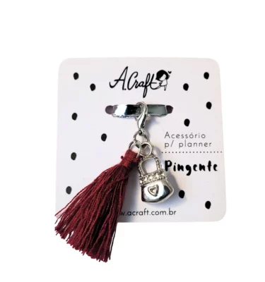 Acessório para planner A.Craft – Pingente prata com fecho – Bolsinha com franja